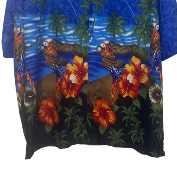 Pacific & Co Hawaiian Shirt Mens Large Blue Palm Parrots Button Front - Picture 4 of 7